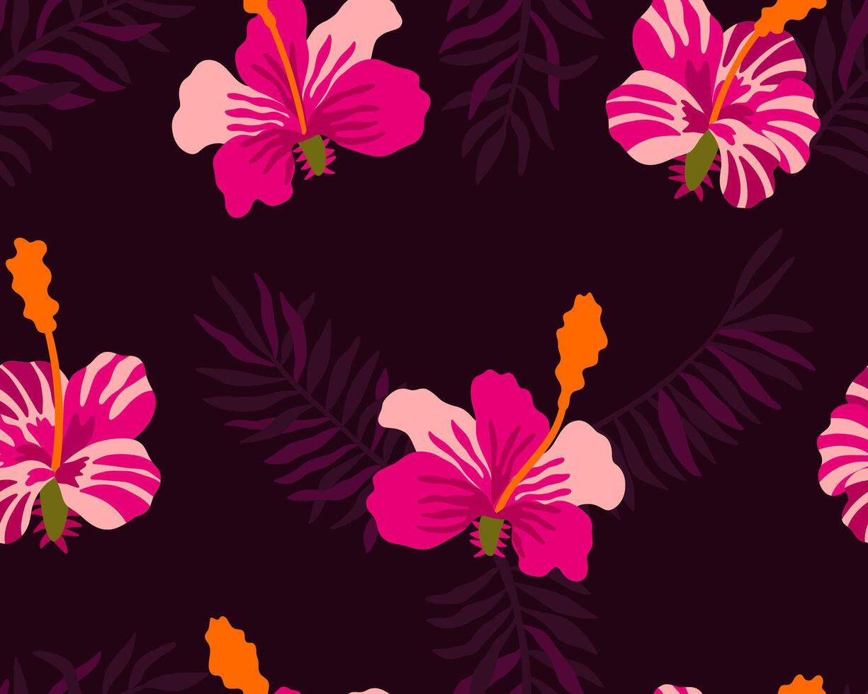 Hawaiian seamless texture with hibiscus and palm leaf. Tribal pattern zebra and tiger on tropical leaves. illustration for fabric, interior decor and cover. vector