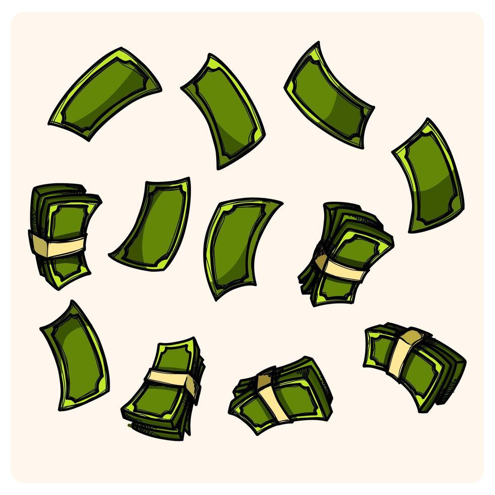 Flying cartoon banknotes, dollar cash money bills, falling and swirling green banknotes of usd currency with doodle style drawing vector