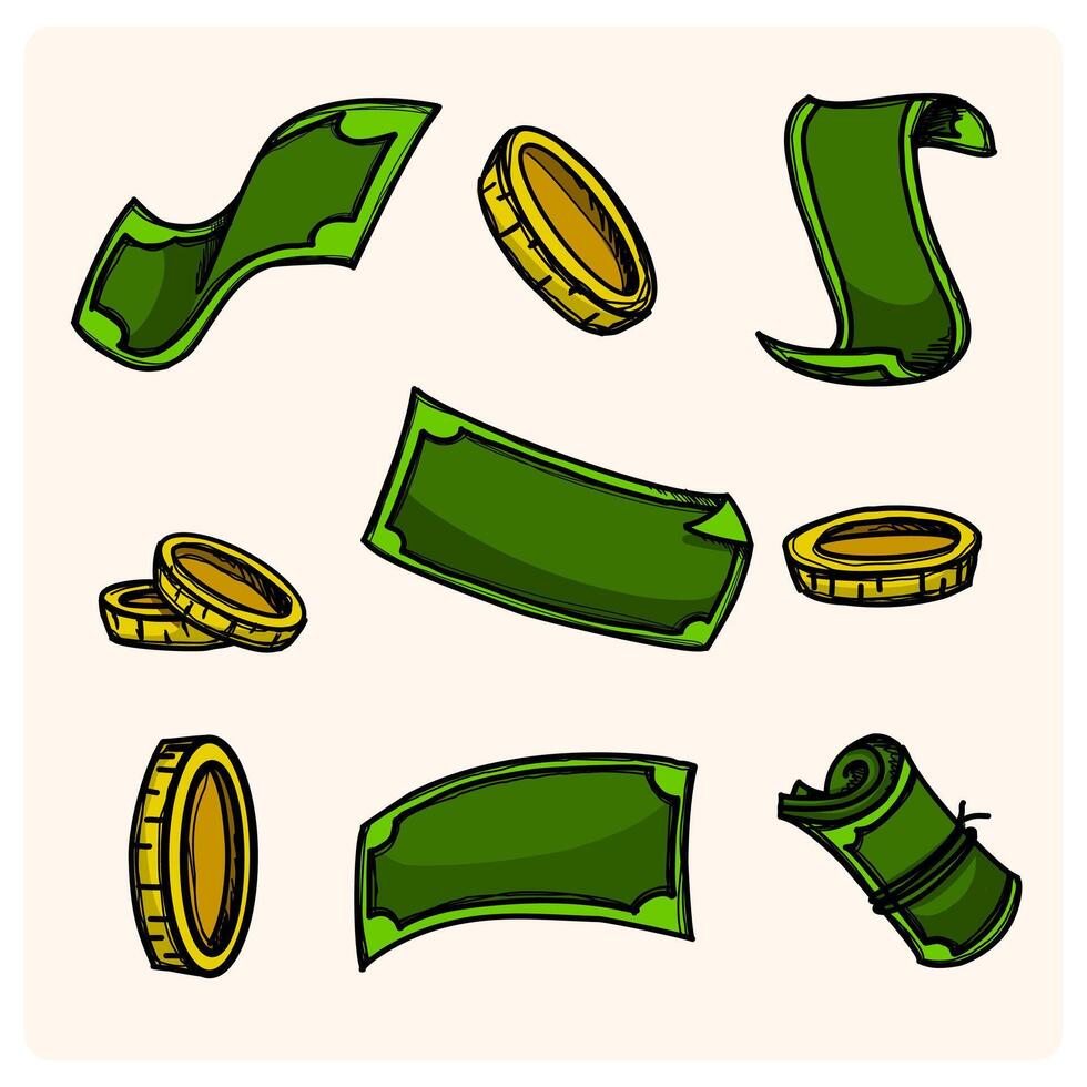 Money and coins banknotes flat cartoon set doodle style drawing vector