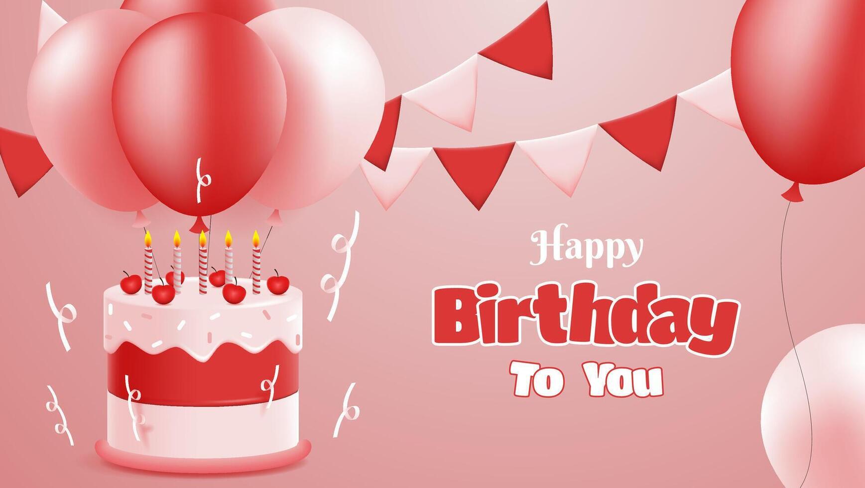 pink and red happy birthday greeting card background with 3d cake, balloons and confetti. vector