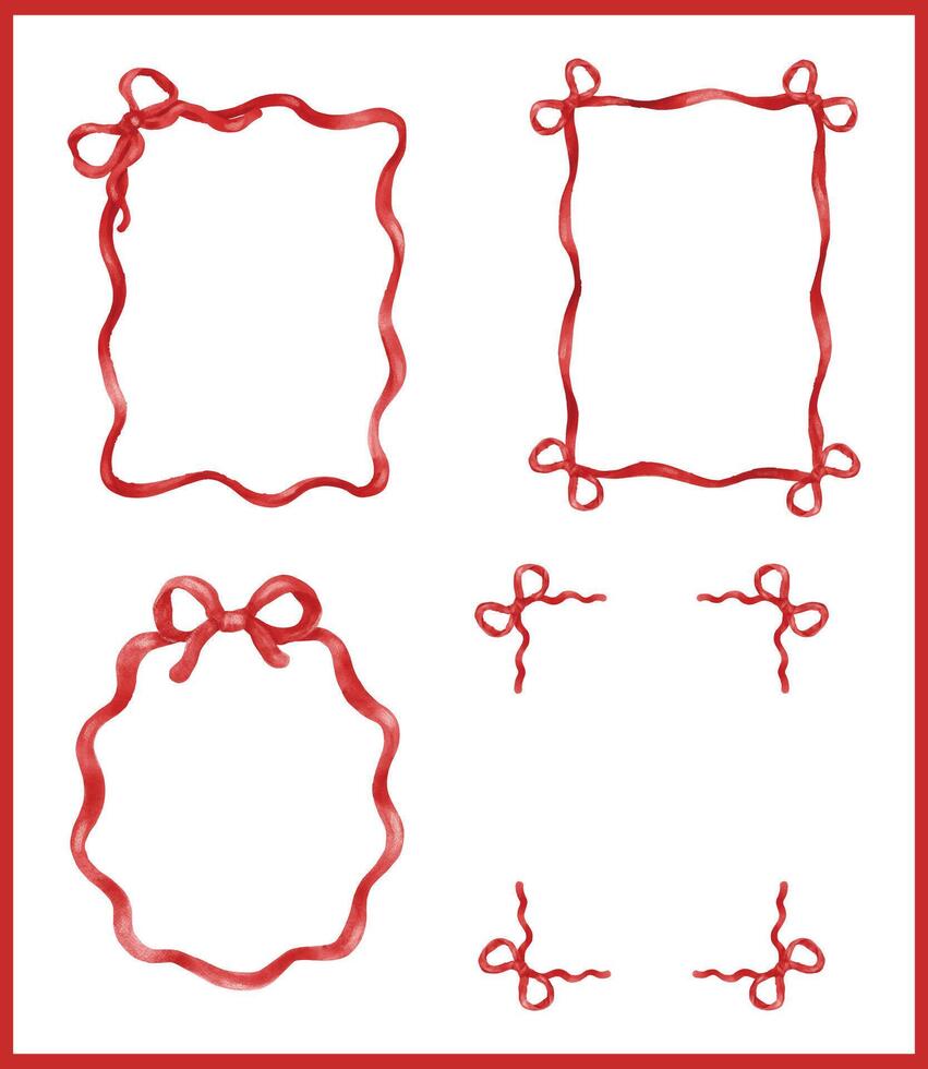 Red Coquette Ribbon Bow Frame Decorative watercolor Whimsical Wavy Aesthetic set vector