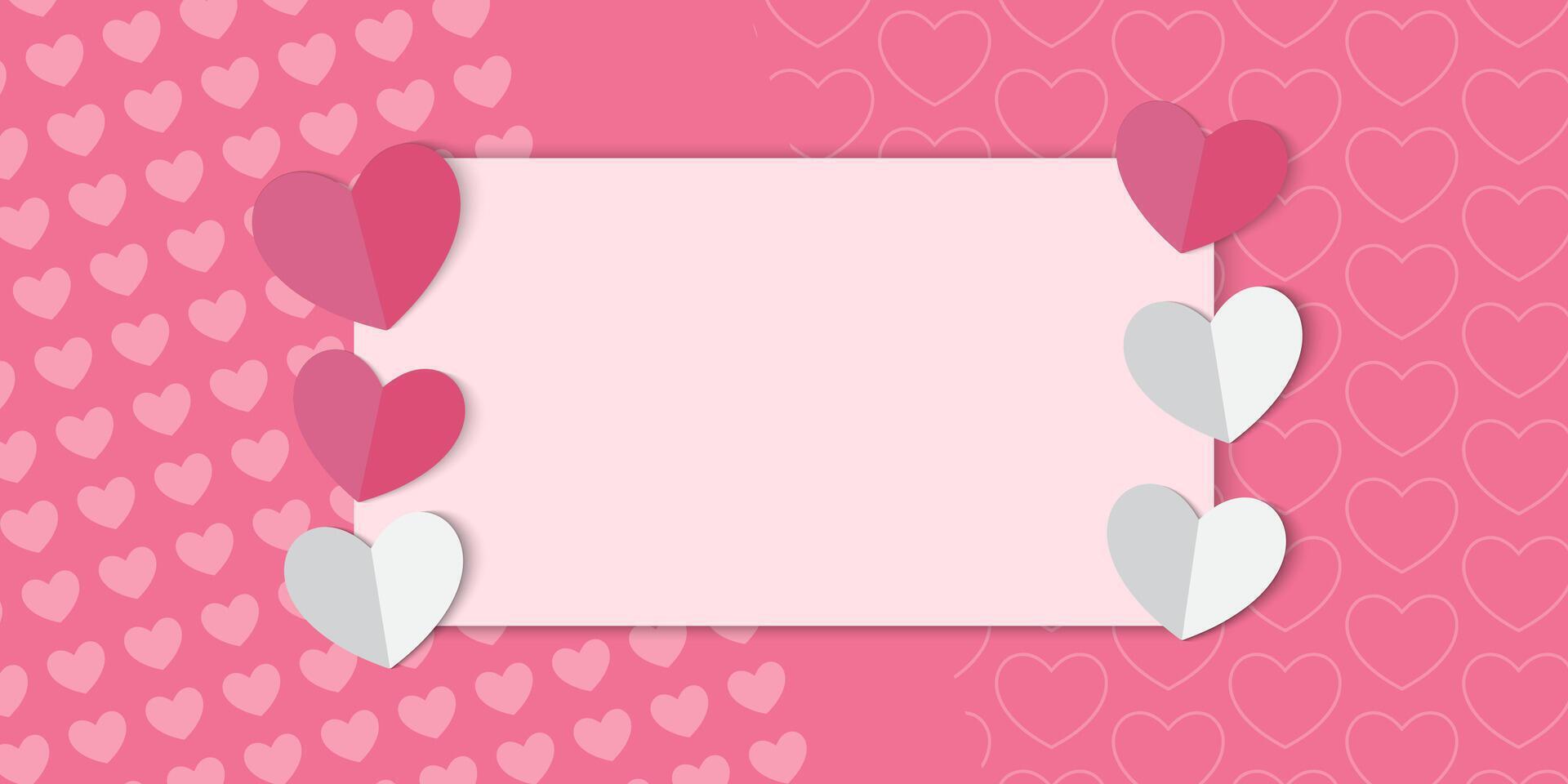 a pink background with hearts and a blank paper for valentine day vector