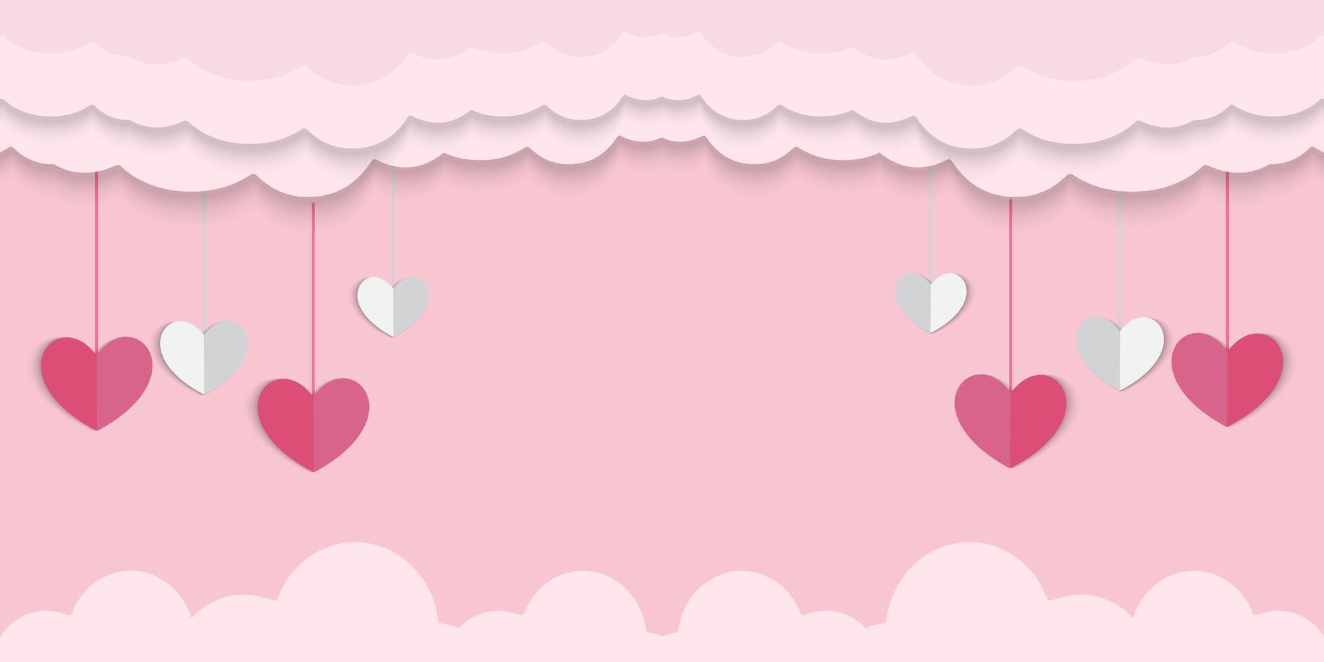 valentine day banner with paper cut heart background with clouds and hearts vector