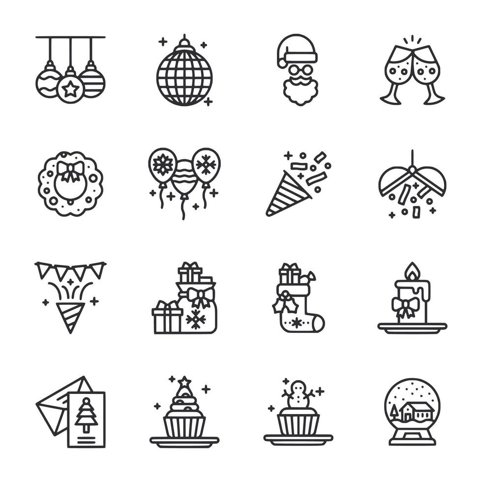 A set of Christmas icons including a wreath, a tree, a snowman, a Santa Claus vector