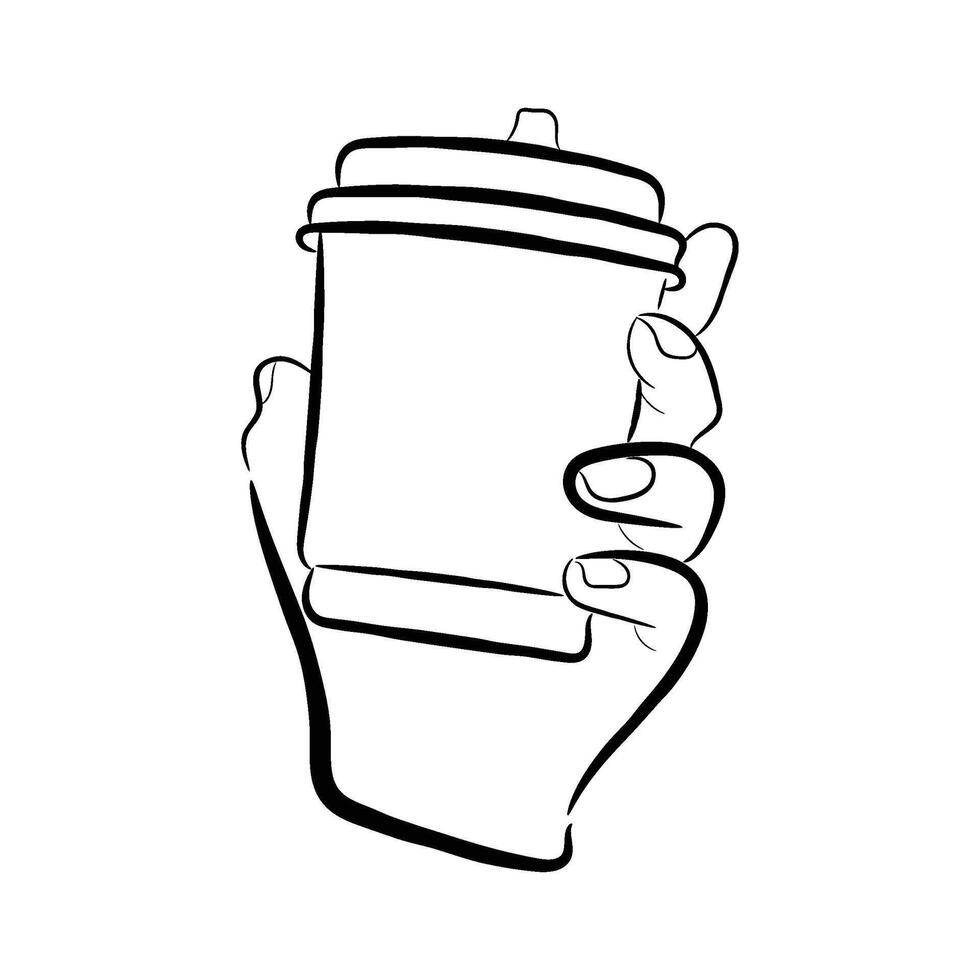 illustration of a hand holding a coffee in packaged cup, line drawing sketch for coloring book vector