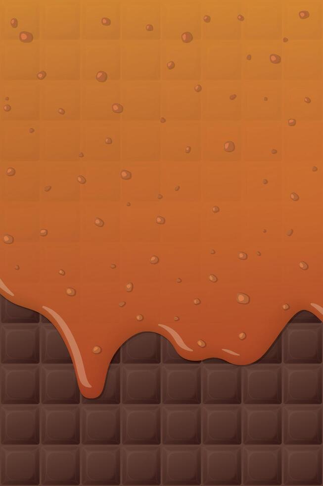 Melt salted caramel syrup pouring on chocolate bar pattern vertical background graphic illustration. vector