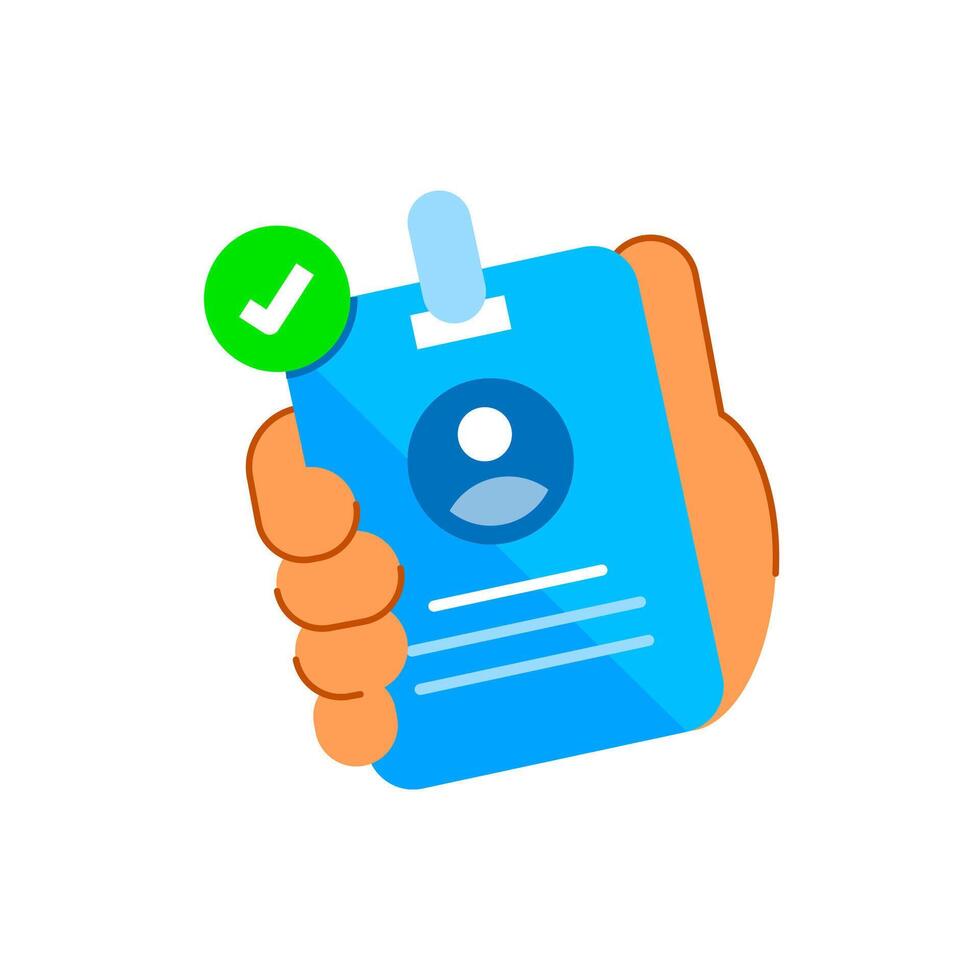 Flat illustration of an ID card with a check mark icon. Saved information or stay logged in functionality. Perfect for user friendly app interfaces and account management features vector