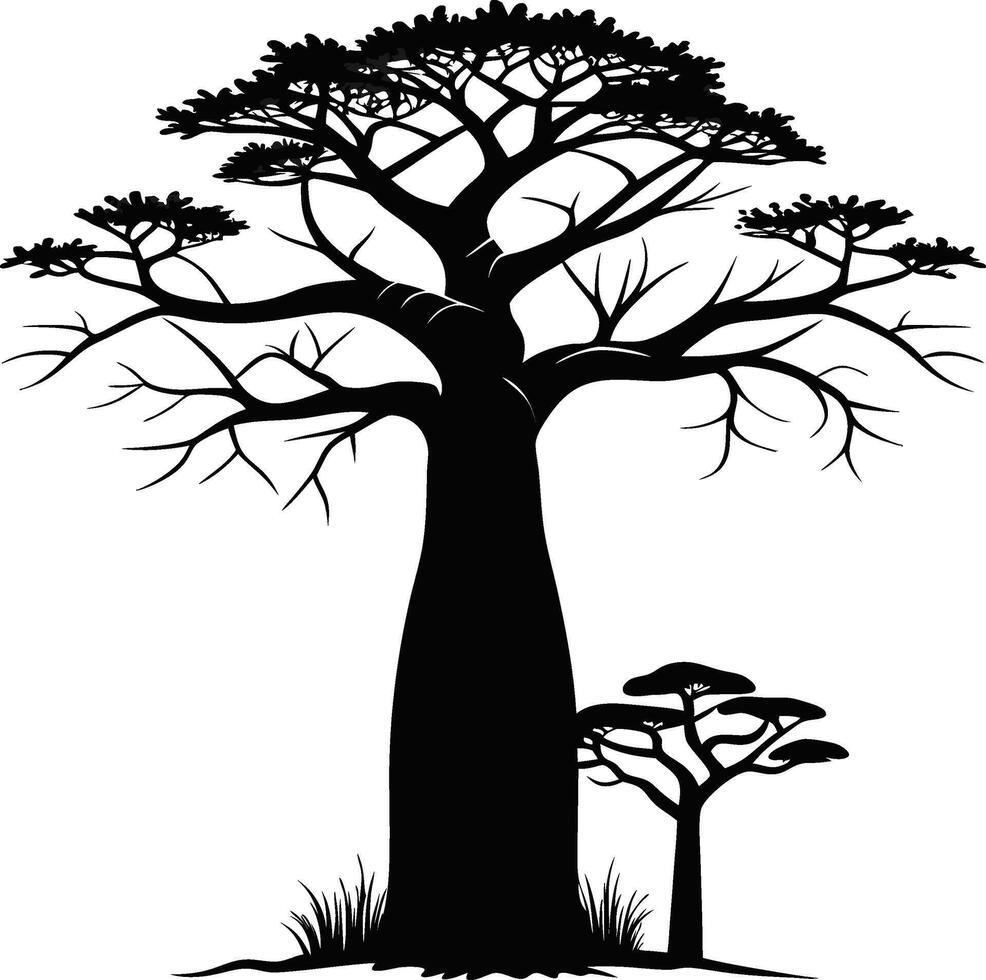 Black and White Baobab Tree Silhouette vector