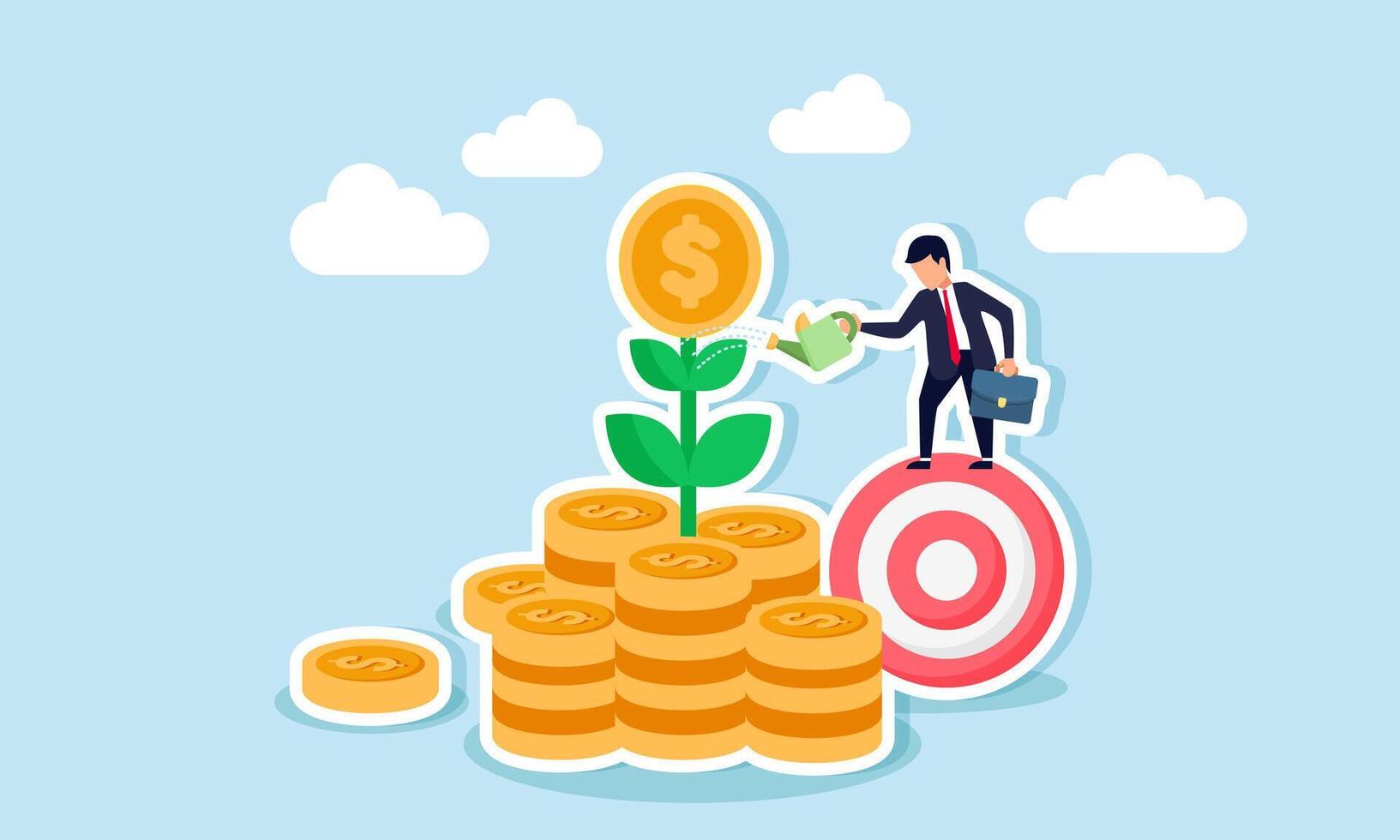 A businessman climbs a target board watering plants growing from a pile of dollar coins, illustration of using achievements in reaching business targets to increase revenue and sales vector