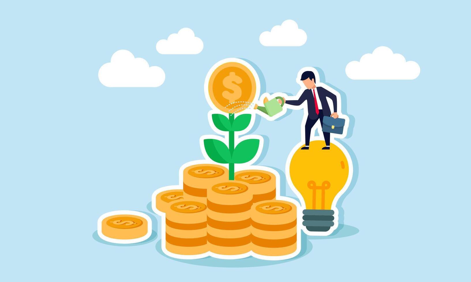 A businessman climbs a lamp watering plants growing from a pile of dollar coins, illustration of using ideas to increase business revenue and sales vector