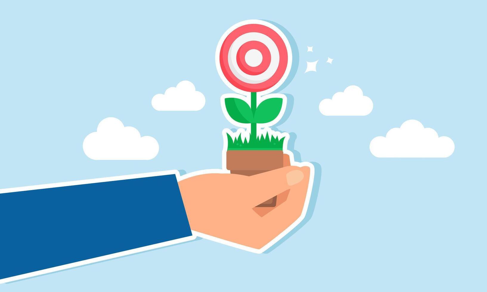 A hand holds a flowering plant with a target board, illustration of setting excellent business targets that grow and develop vector