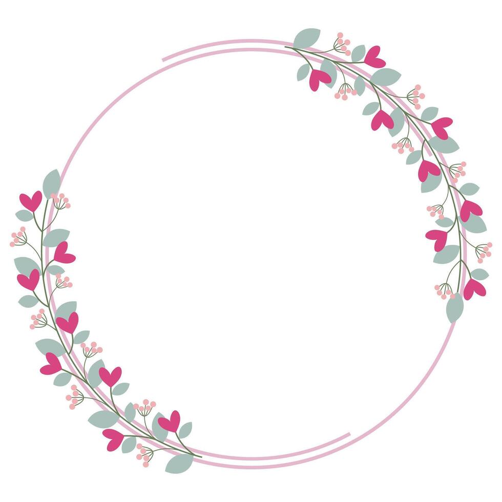 Beautiful Circle Frame Decorated With Love Pink Flowers And Leaves vector