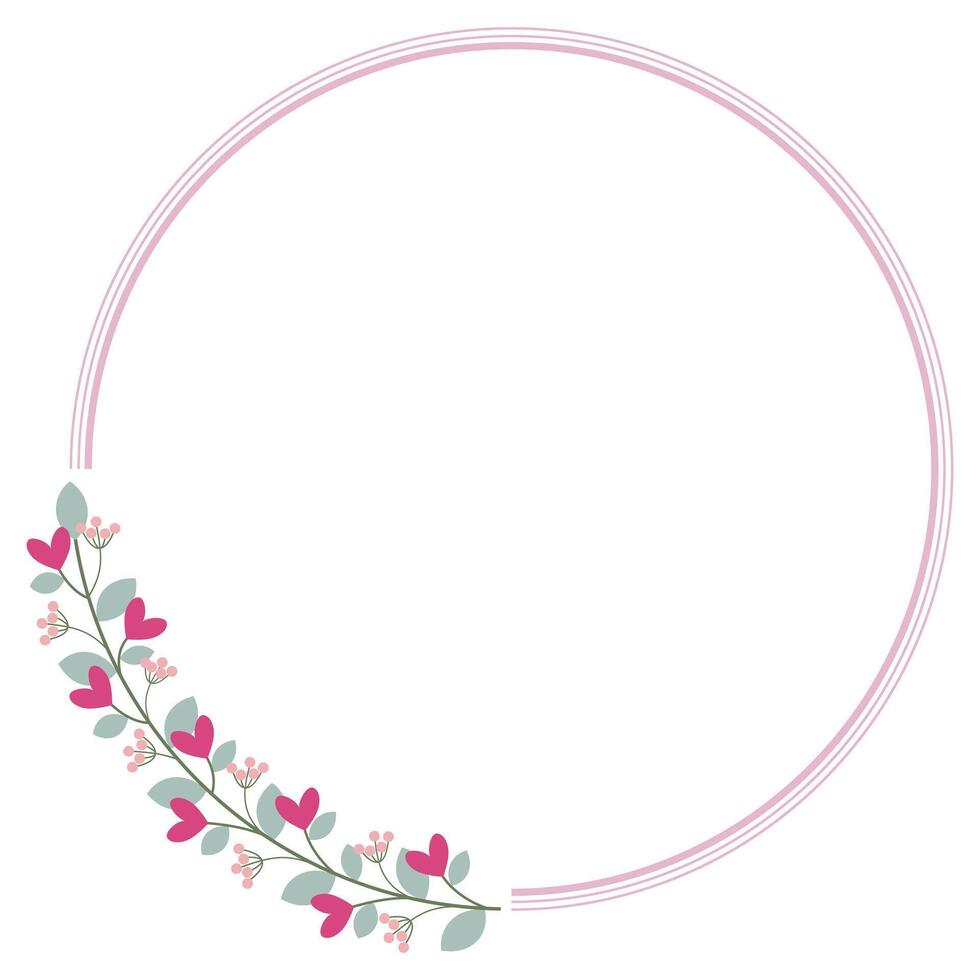 Circle Frame Or Wreath With Love Pink Flowers And Green Leaves vector