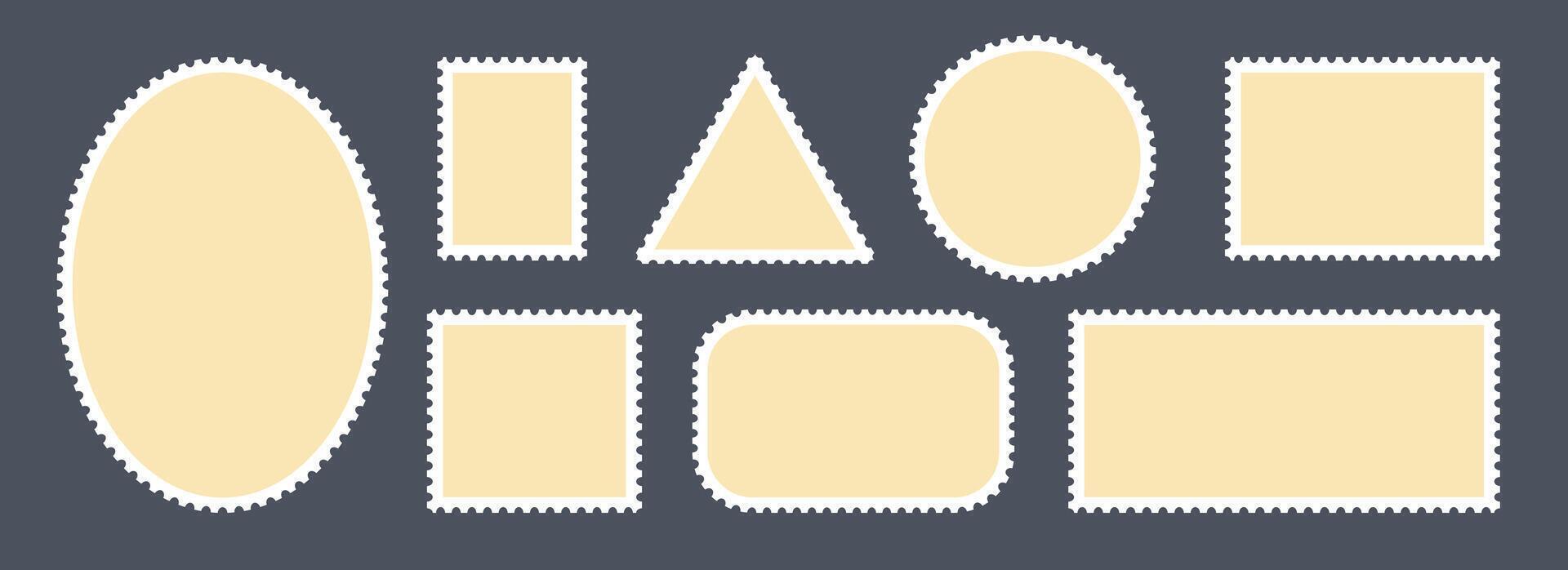 Beige postage stamps set. Post stamp frames and borders. Ellipse, triangle, rectangle template for mail, postcard, letter, note. Jagged wavy edge forms. Zigzag objects for badge, sticker, photo vector