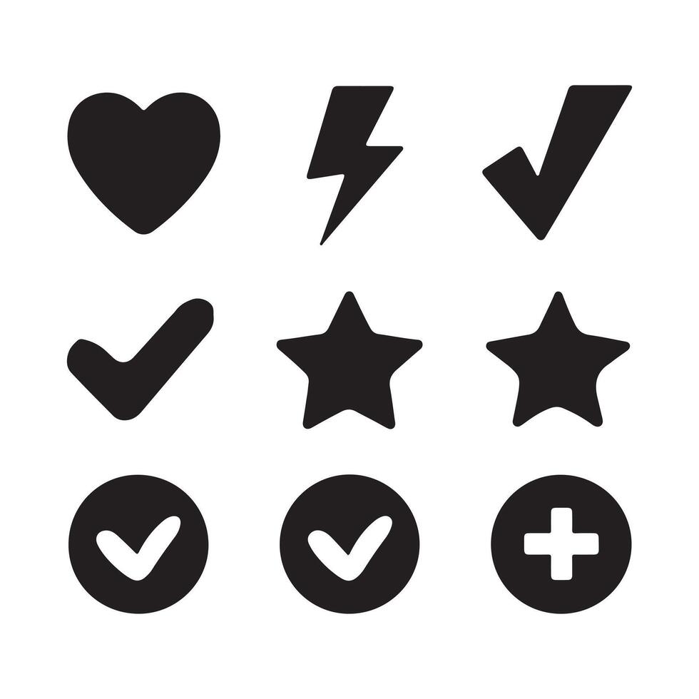 Simple icon set featuring various symbols like hearts, stars, checkmarks, and circles, suitable for web or graphic design. illustration vector