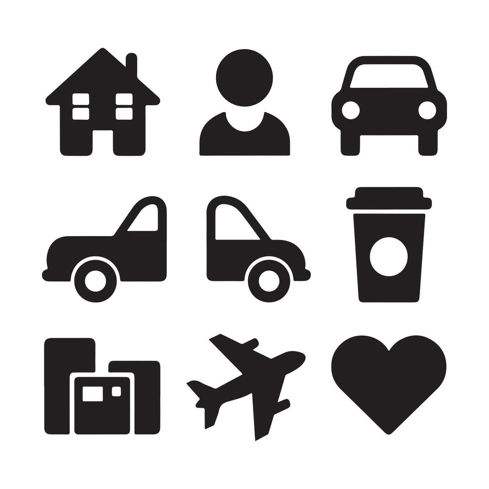 A set of black silhouette icons including house, car, airplane, coffee, and symbols of connection and travel on a white background. illustration vector
