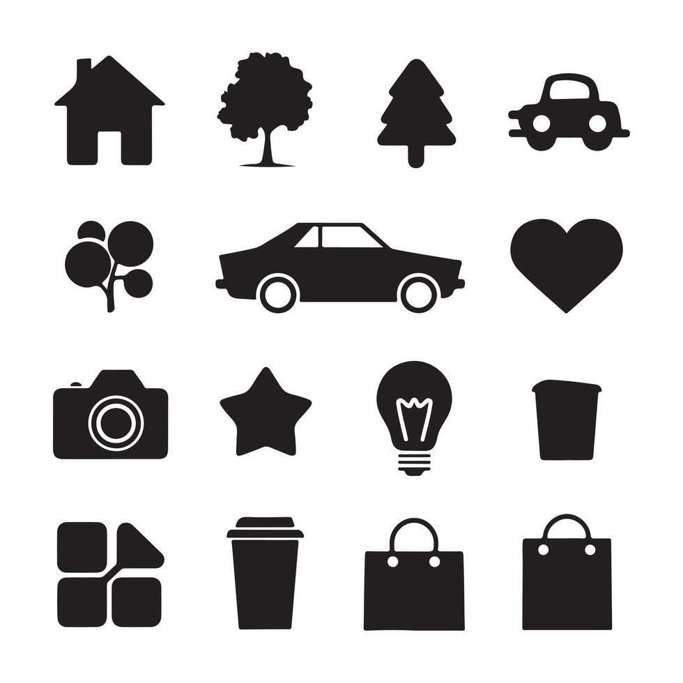 Collection of black silhouette icons like cars, trees, and hearts suitable for design resources, presentations, or infographics. vector
