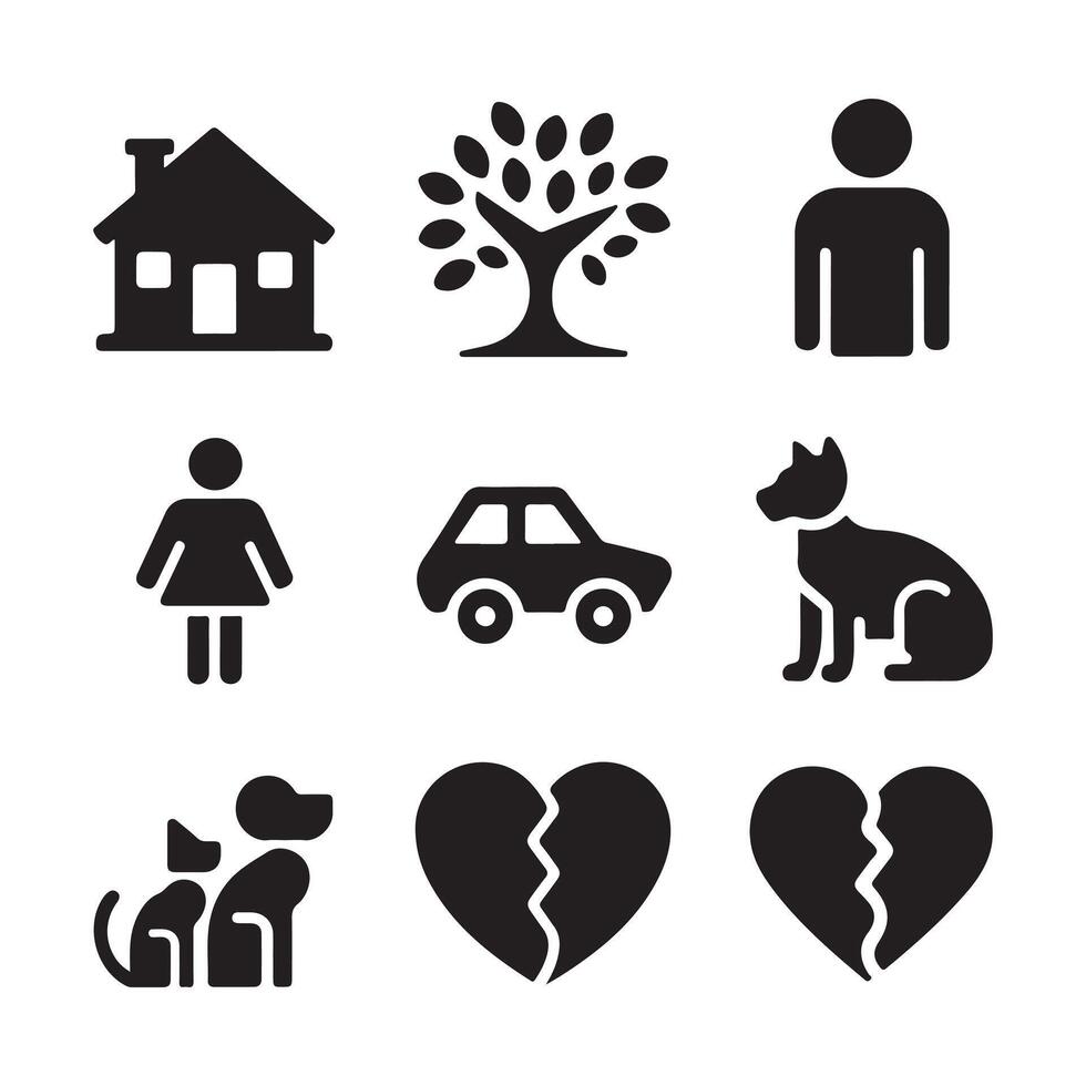 Collection of style silhouette icons showcasing people, pets, objects, and emotions represented in a simple visual format. illustration vector
