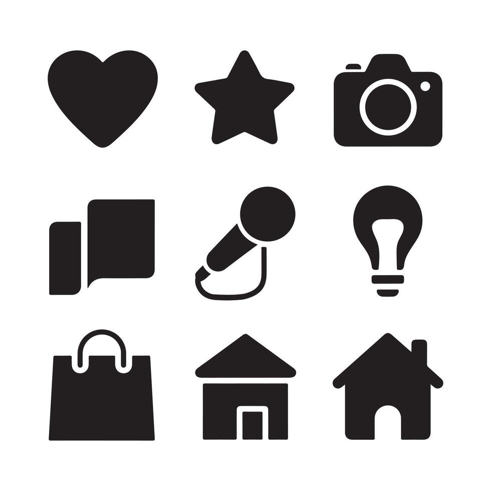 Set of black silhouettes depicting heart, star, camera, book, microphone, lightbulb, shopping bag, and house. illustration vector