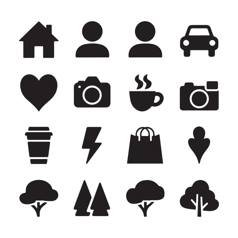 A collection of black icons symbolizing daily objects and concepts, including home, camera, love, car, cup and nature. illustration vector