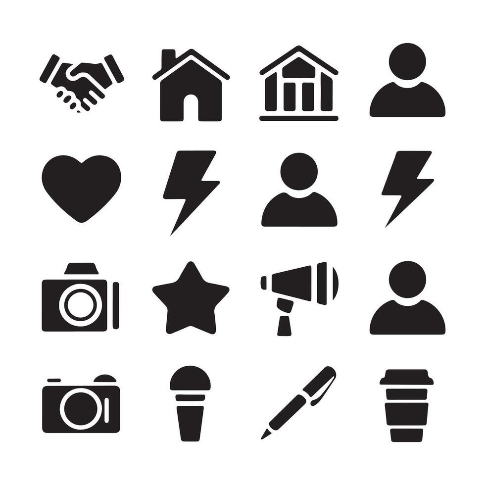 A variety of black icons including people, houses, pens, and symbols in distinct shapes. illustration vector