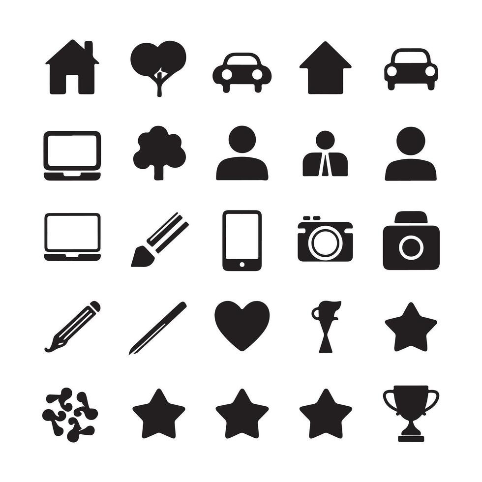 Set of monochrome icons depicting houses, vehicles, people, stars, hearts, and other common symbols. illustration vector