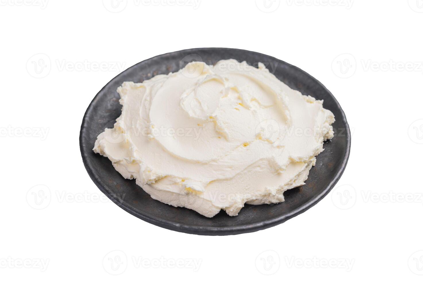 Creamy Homemade Mascarpone cheese, cream cheese isolated on white background. top view photo