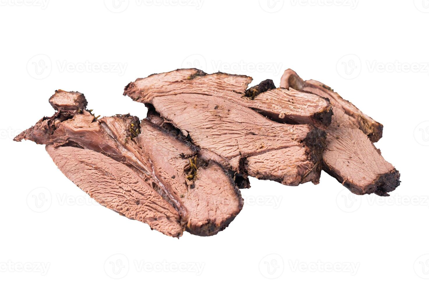 Roasted and sliced Roe Deer leg meat. baked game meat of venison with bone isolated on white background. top view photo