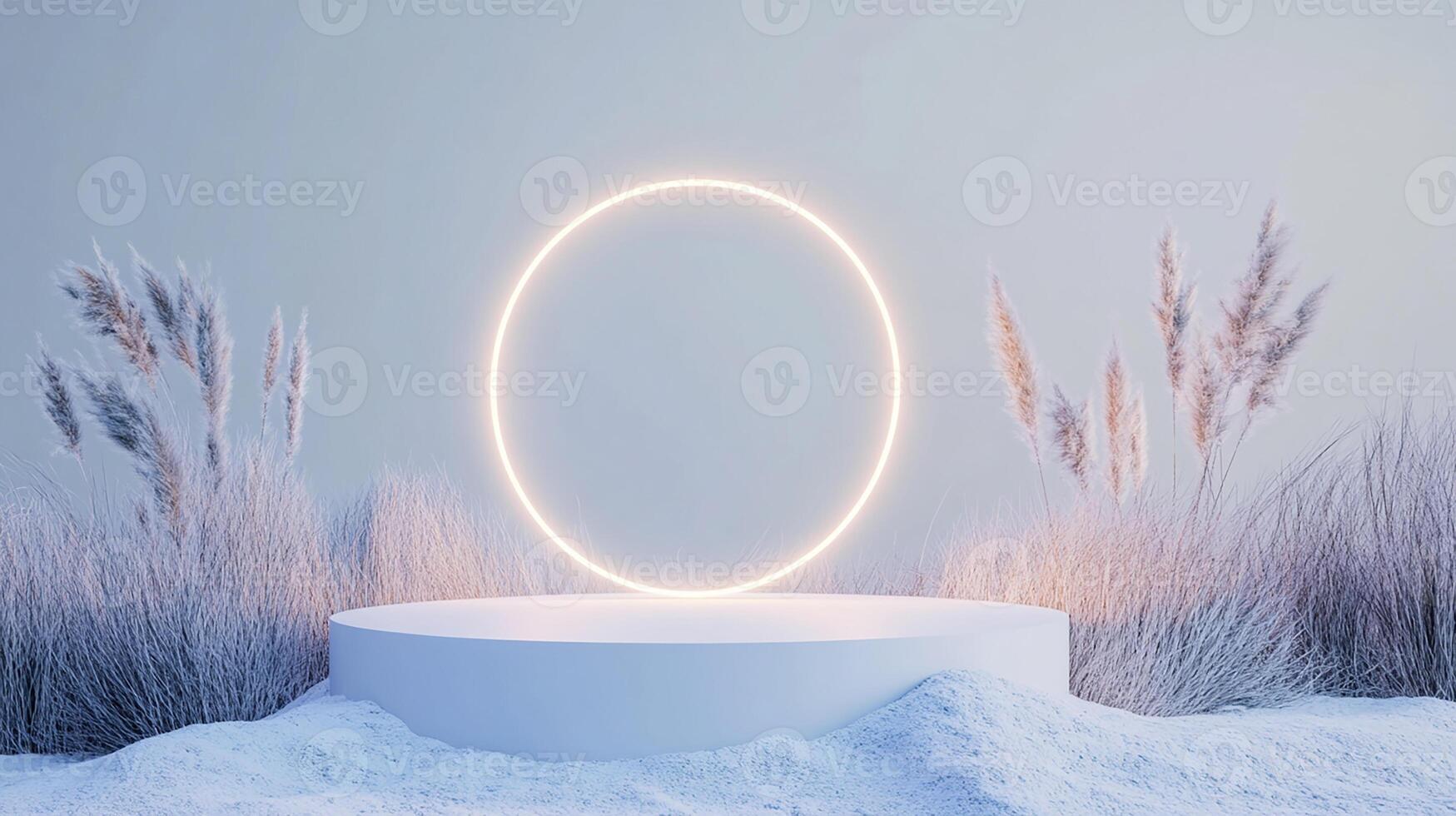 Elegant Winter Display Podium with Soft Lighting and Pampas Grass photo