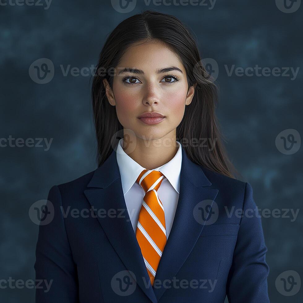 Confident businesswoman in navy suit and orange tie. photo