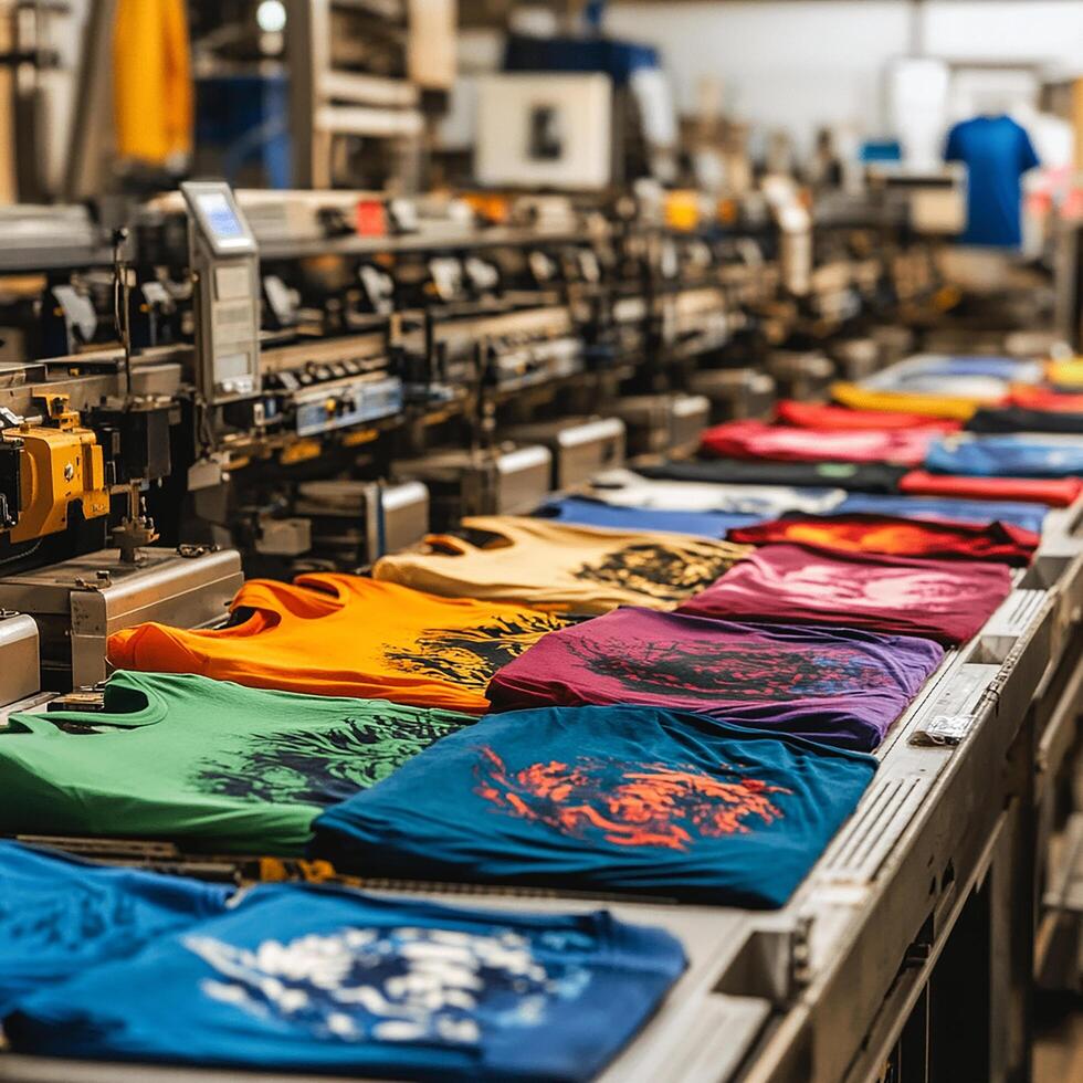 Colorful printed t-shirts on a conveyor belt in a printing factory. photo