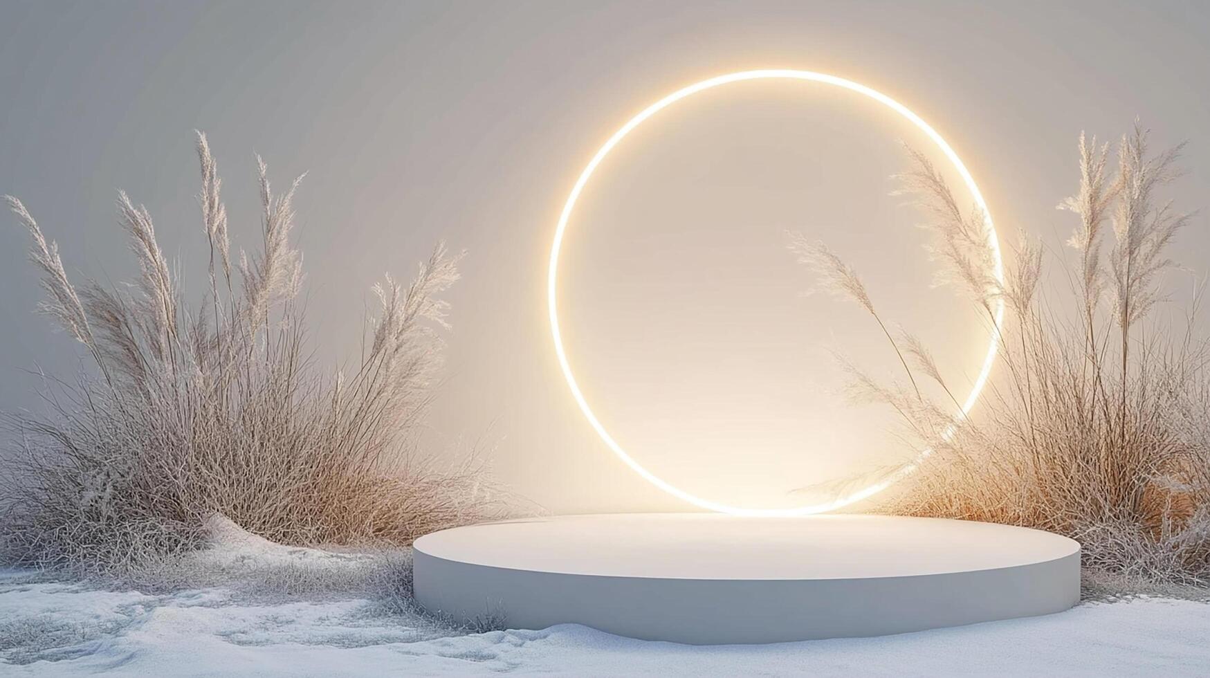Winter Display Podium with Illuminating Circle and Pampas Grass photo