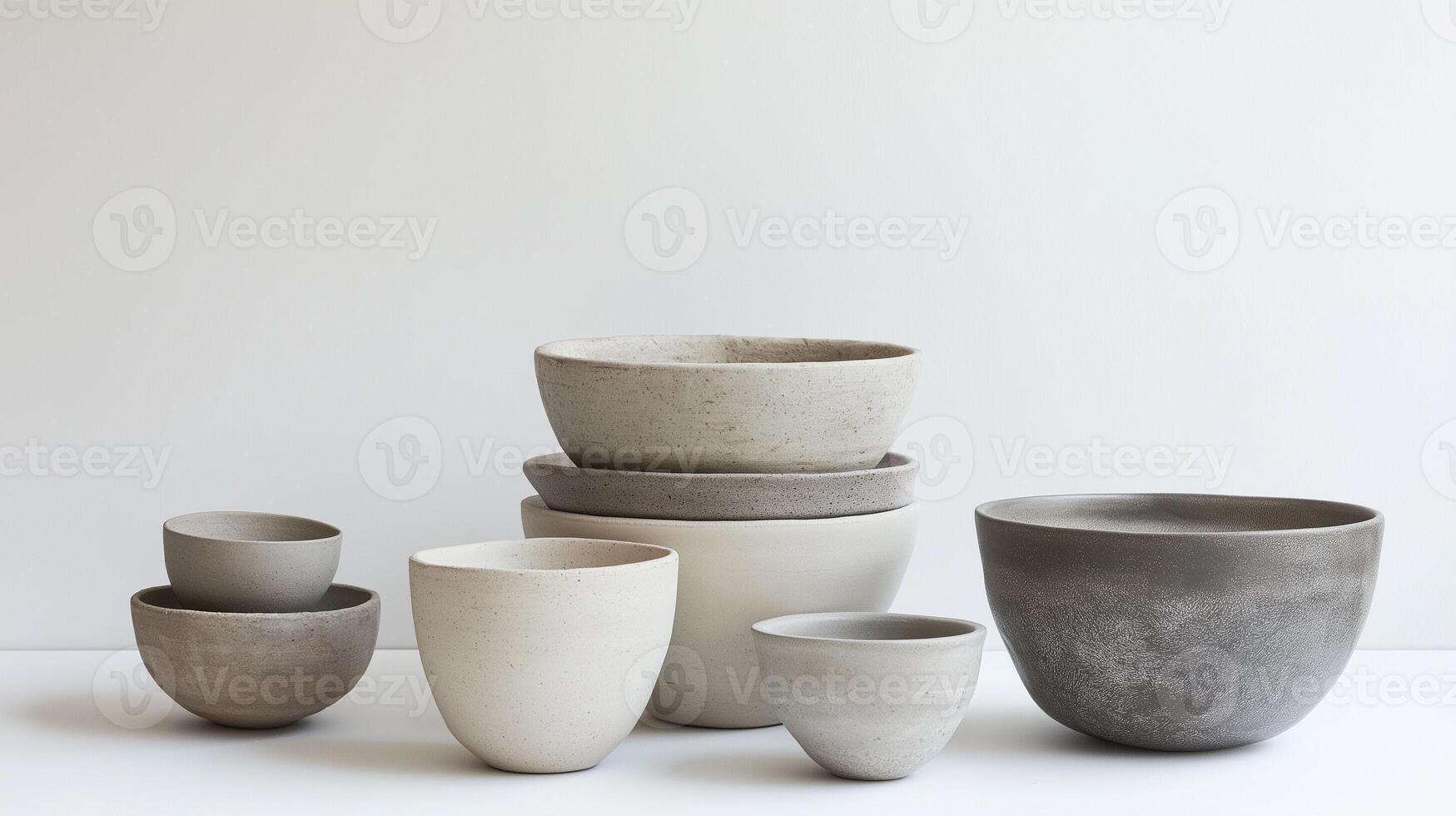 Set of ceramic bowls in different sizes and shades of gray and beige. photo