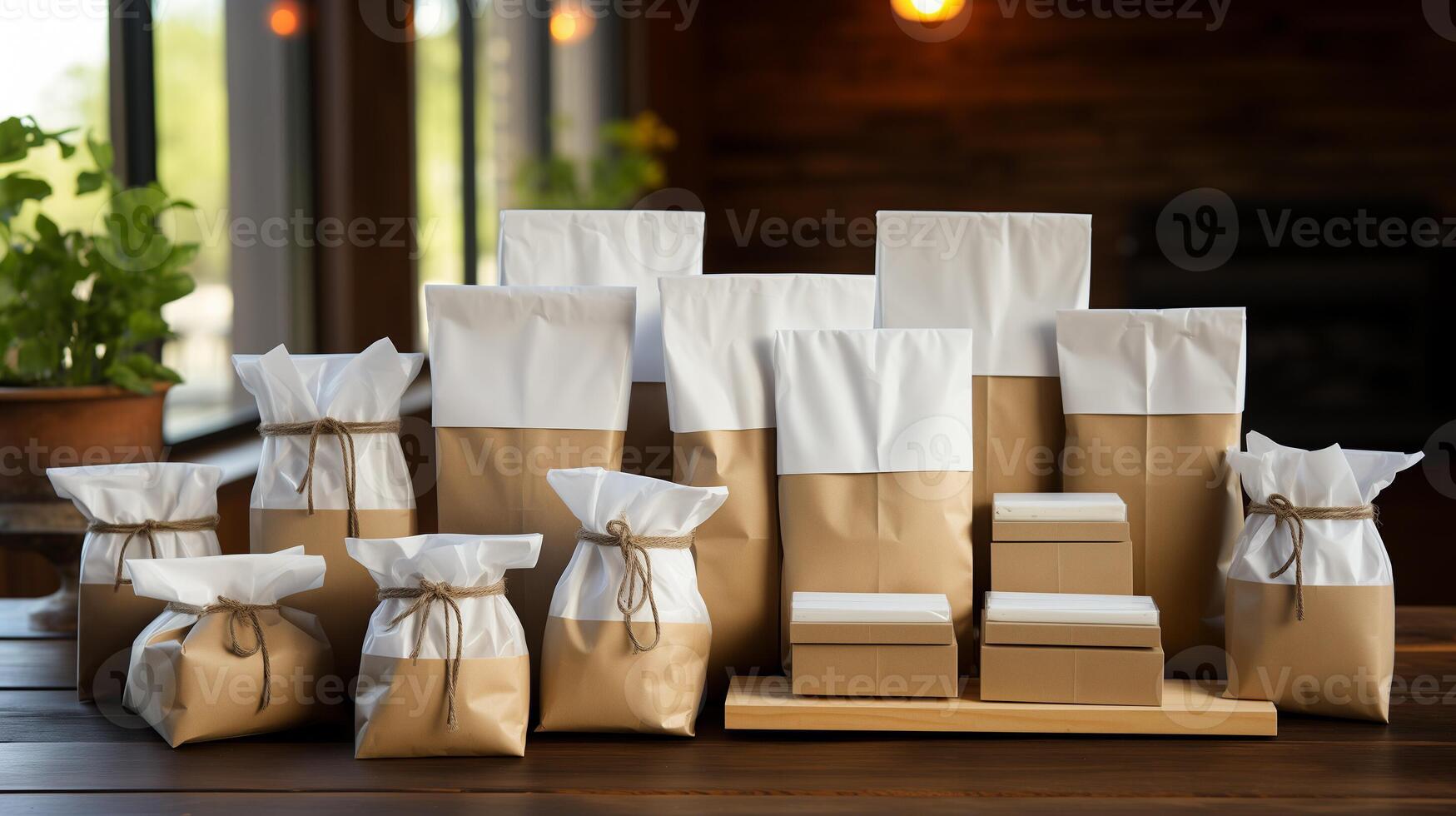 Set of kraft paper gift bags with white liner. photo