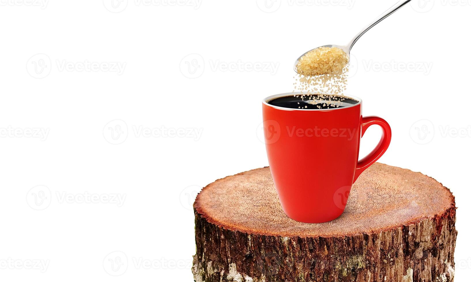 Red coffee cup on natural tree stump on white background. photo