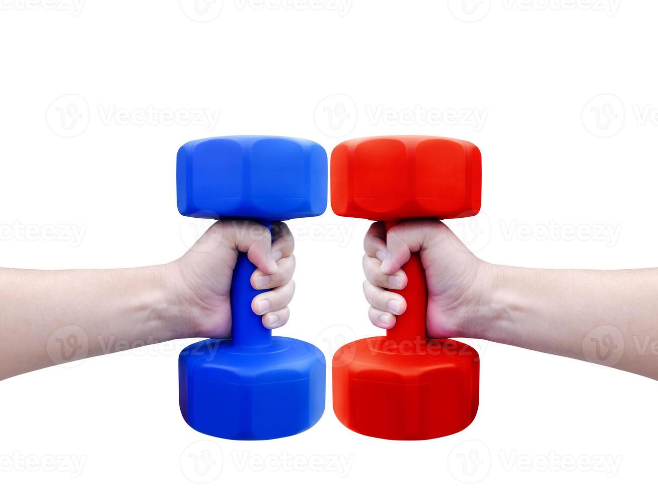 A person's hand holds a red and blue dumbbell. photo