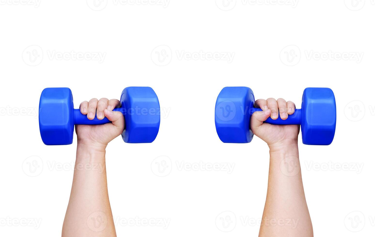Two man's hands holding blue dumbbells. photo