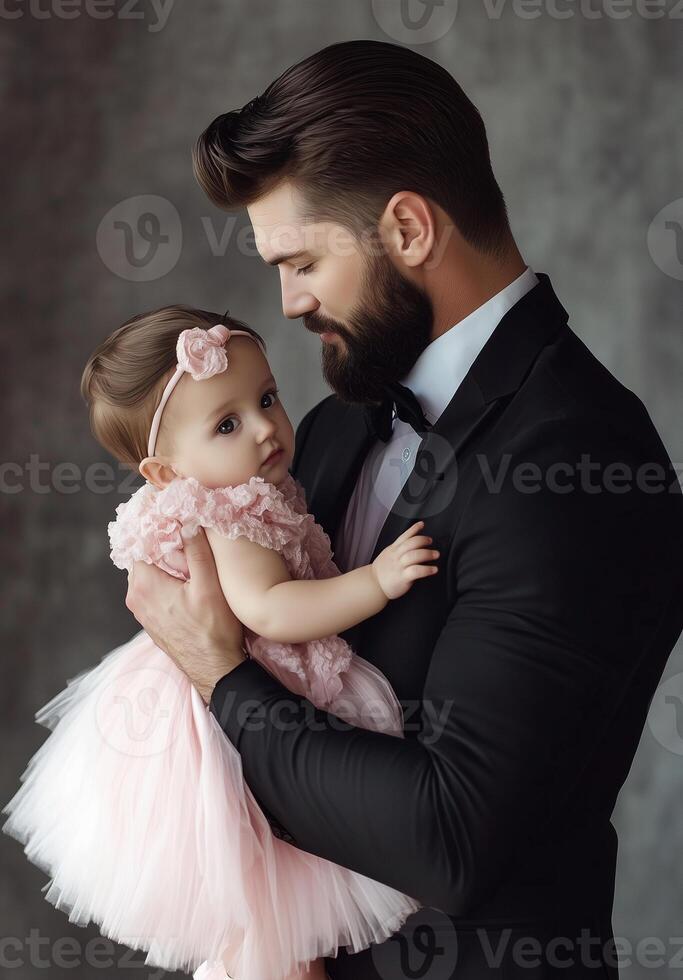 A man in a tuxedo holding a baby girl photo