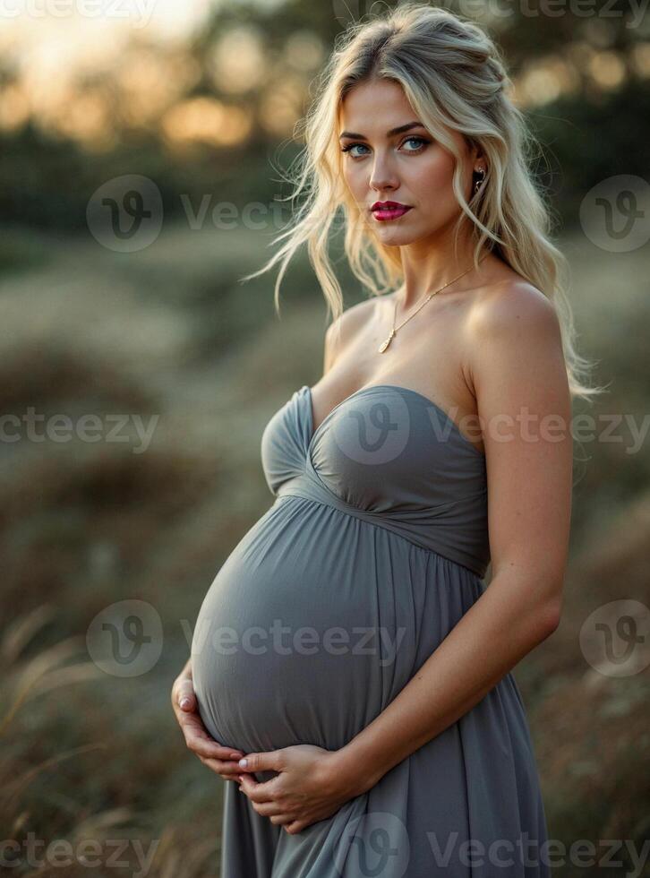 A beautiful pregnant woman in a grey dress photo