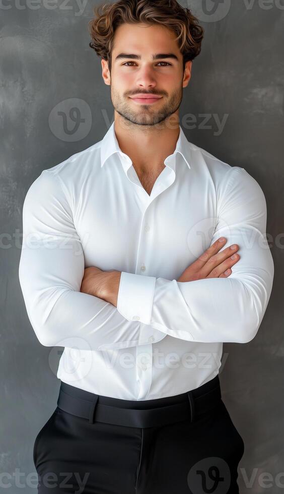 handsome young man in white shirt and black pants photo