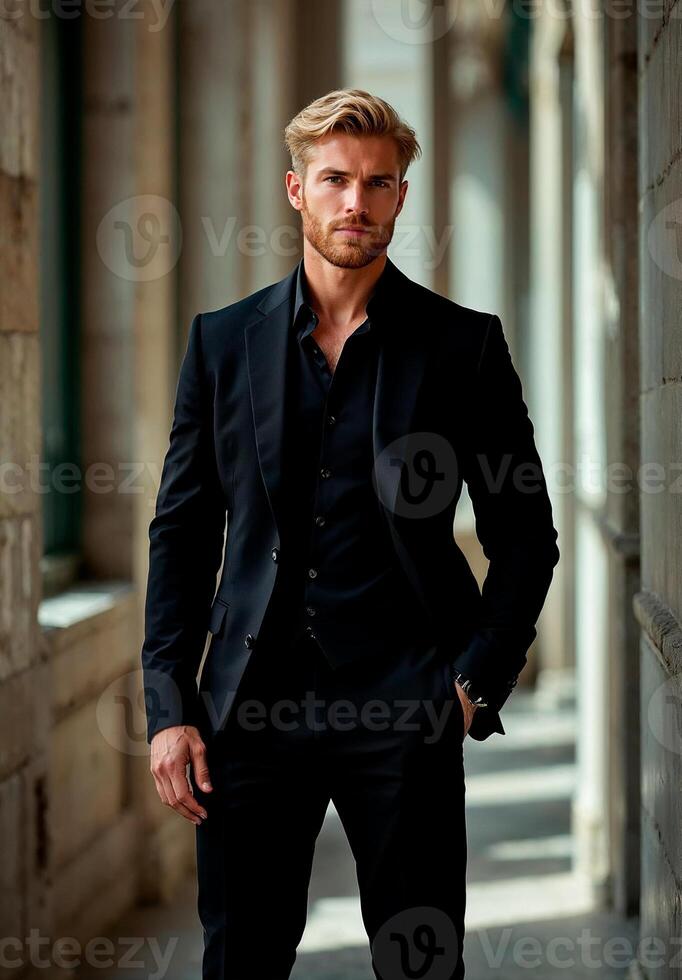 A man in a black suit and shirt standing in an alley photo