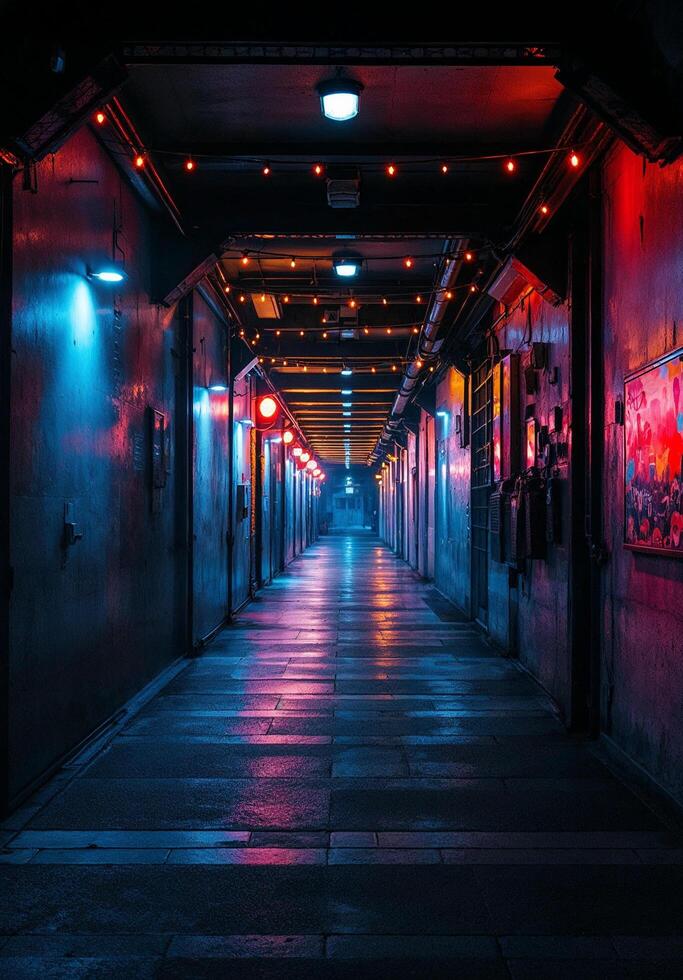 A long hallway with neon lights and red and blue lights photo