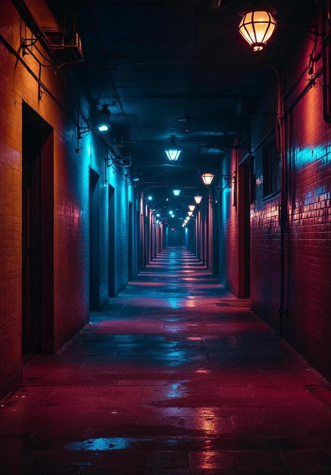 A long hallway with red and blue lights photo