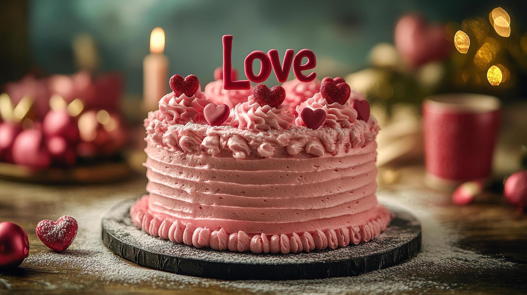 A decorated Valentines Day cake with pink rosette frosting, red heart sprinkles, and a bold Love topper sits by a cozy window, exuding charm and festive romance. photo