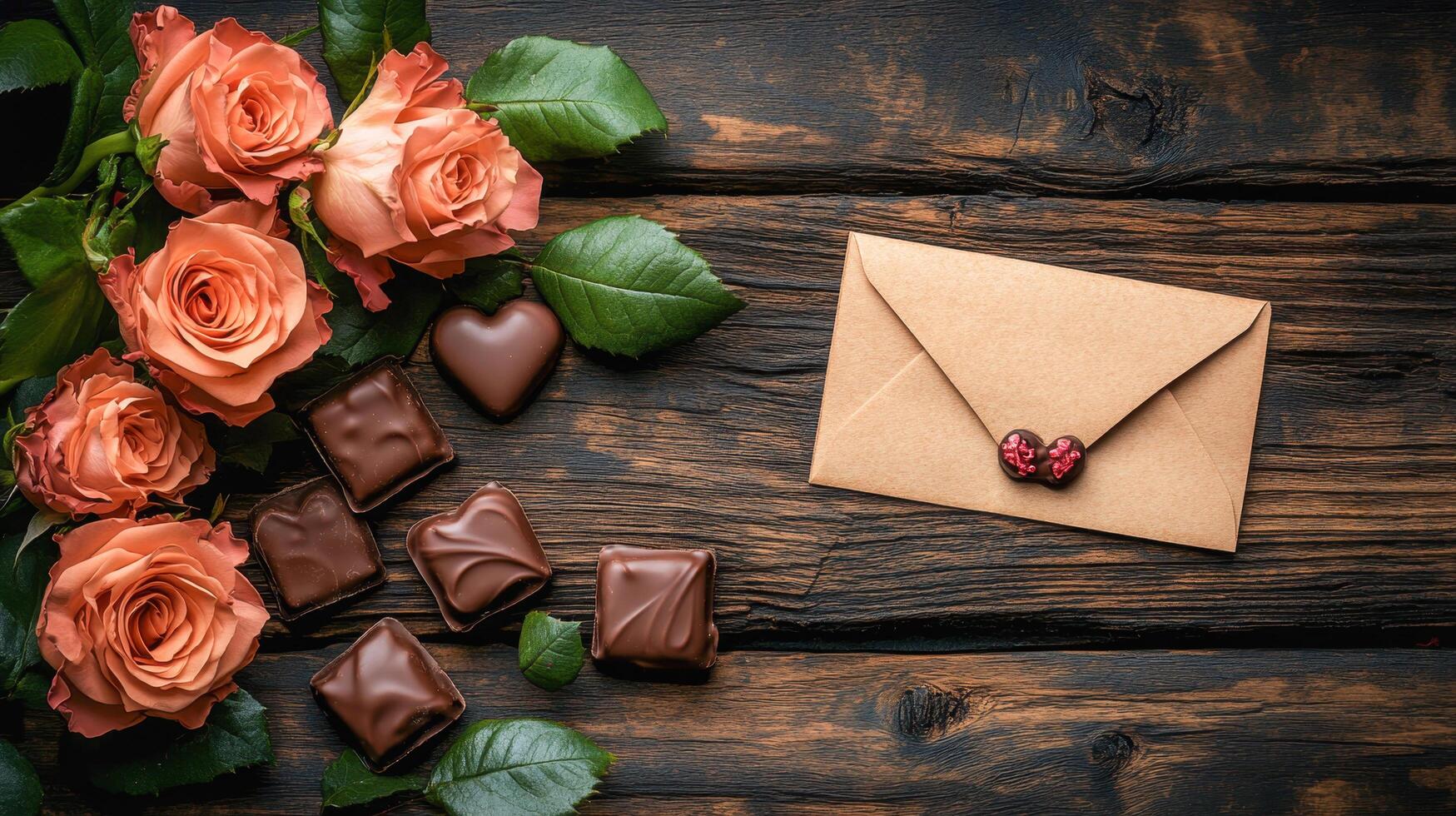 A romantic setup featuring peach roses, heart-shaped chocolates, and a sealed kraft envelope on rustic wooden planks, embodying love, charm, and the essence of Valentine's Day celebrations. photo