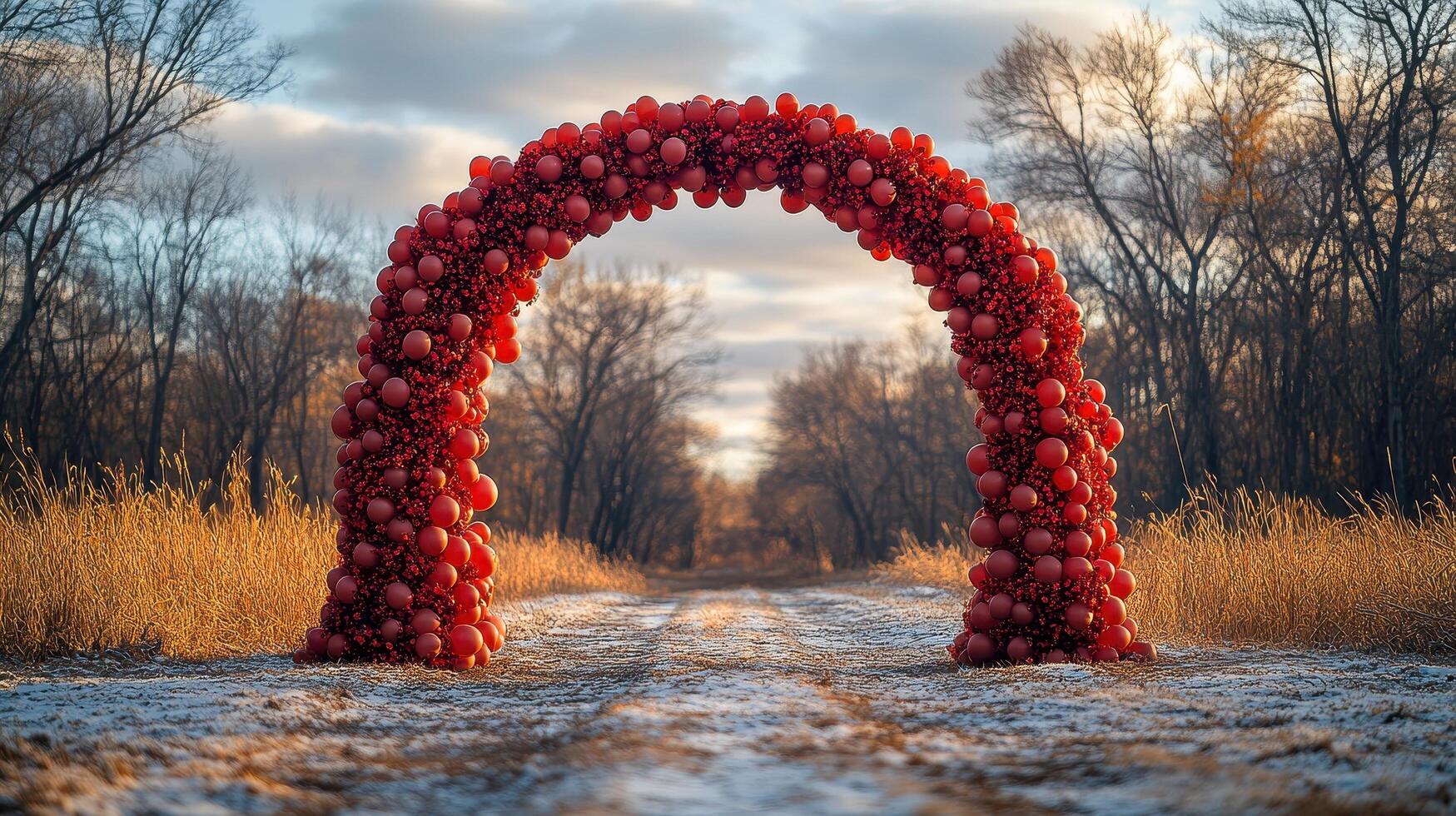 A floral arch adorned with vibrant pink and coral flowers, interwoven with pastel balloons, set in a tranquil woodland clearing at golden hour, perfect for weddings or romantic events. photo
