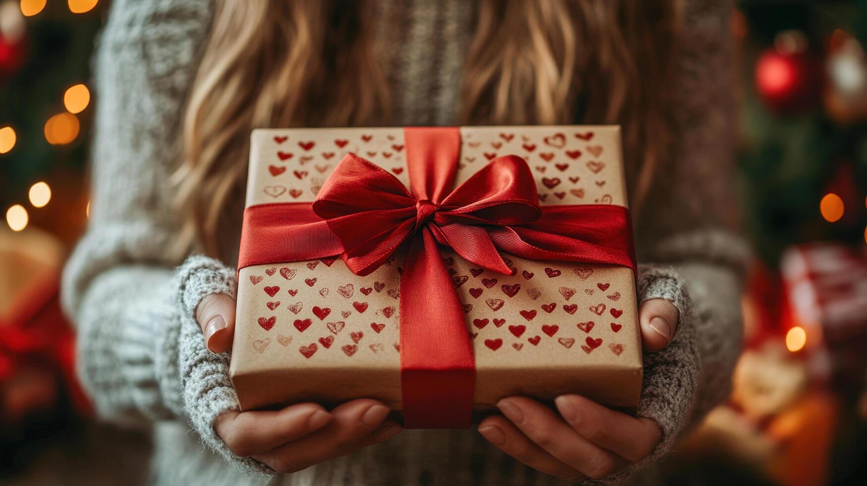 A close-up of hands in cozy knitted gloves holding a beautifully wrapped gift box decorated with red hearts and a satin ribbon, set against a festive background of warm lights and holiday charm. photo
