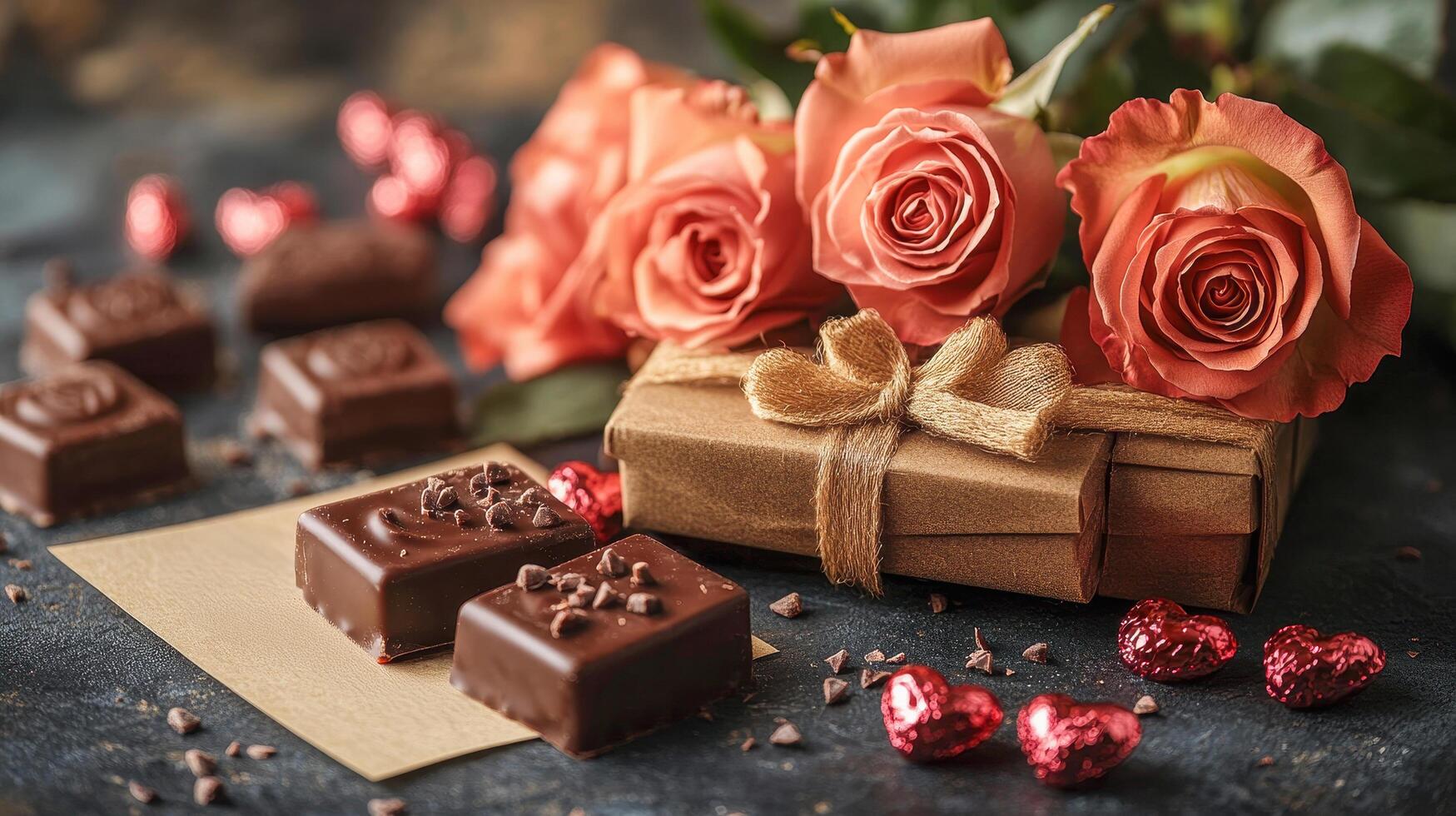 A romantic Valentine setup featuring elegant peach roses, heart-shaped chocolates, a beautifully wrapped gift with a golden bow, and glittering red hearts on a textured dark surface. photo