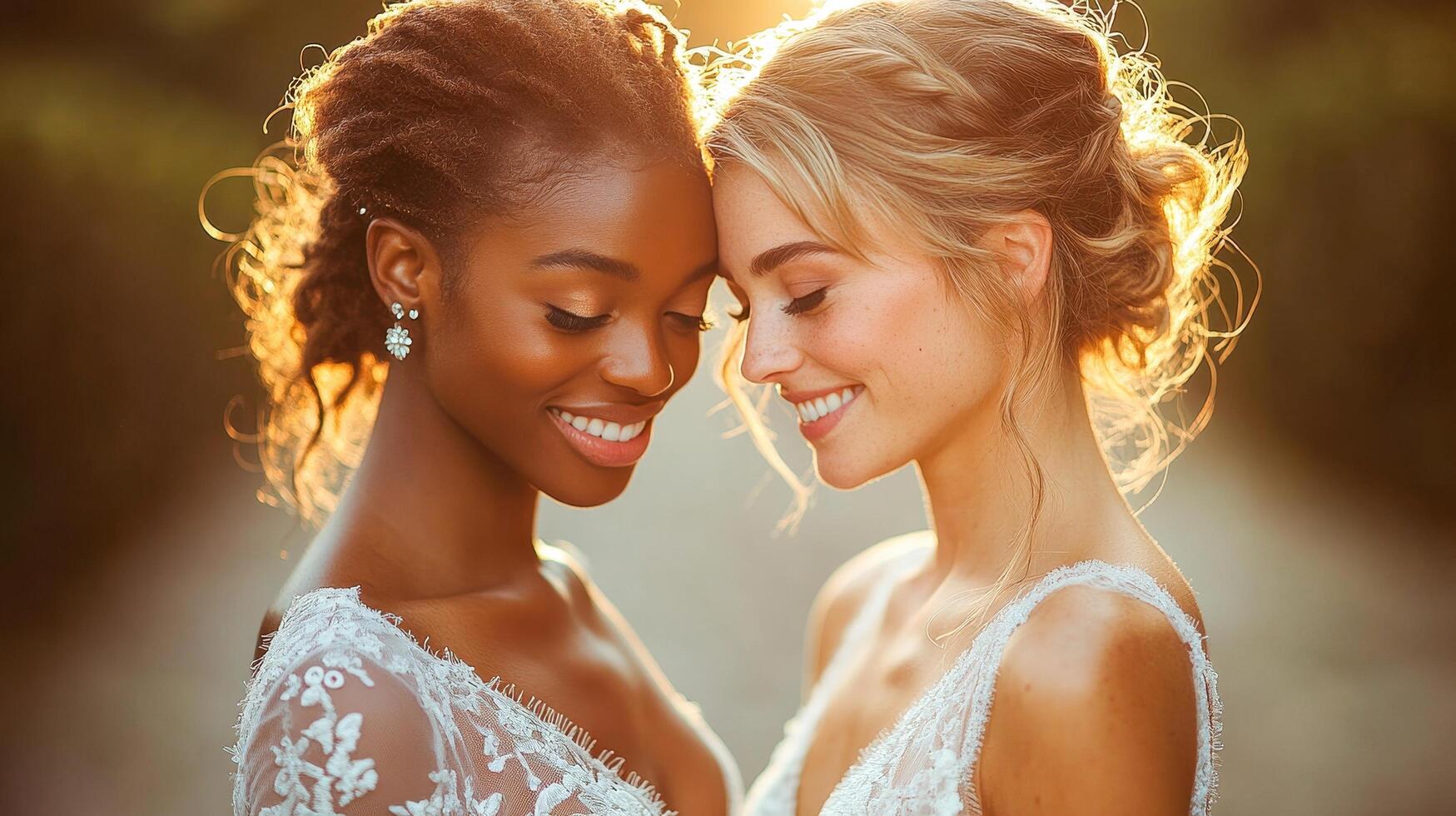 A tender moment between two brides, celebrating love and unity at golden hour. Their radiant smiles and elegant lace dresses beautifully symbolize LGBTQ pride, joy, and an unbreakable bond. photo