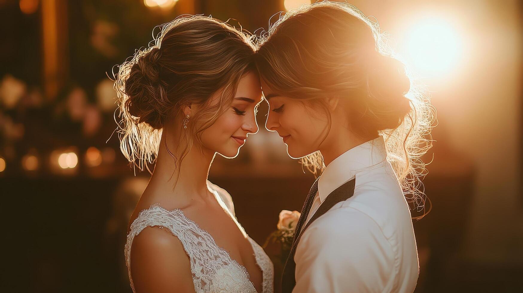 A radiant moment of love and connection featuring an LGBTQ couple in wedding attire, softly illuminated by a golden sunset. A heartfelt celebration of unity, joy, and inclusivity. photo